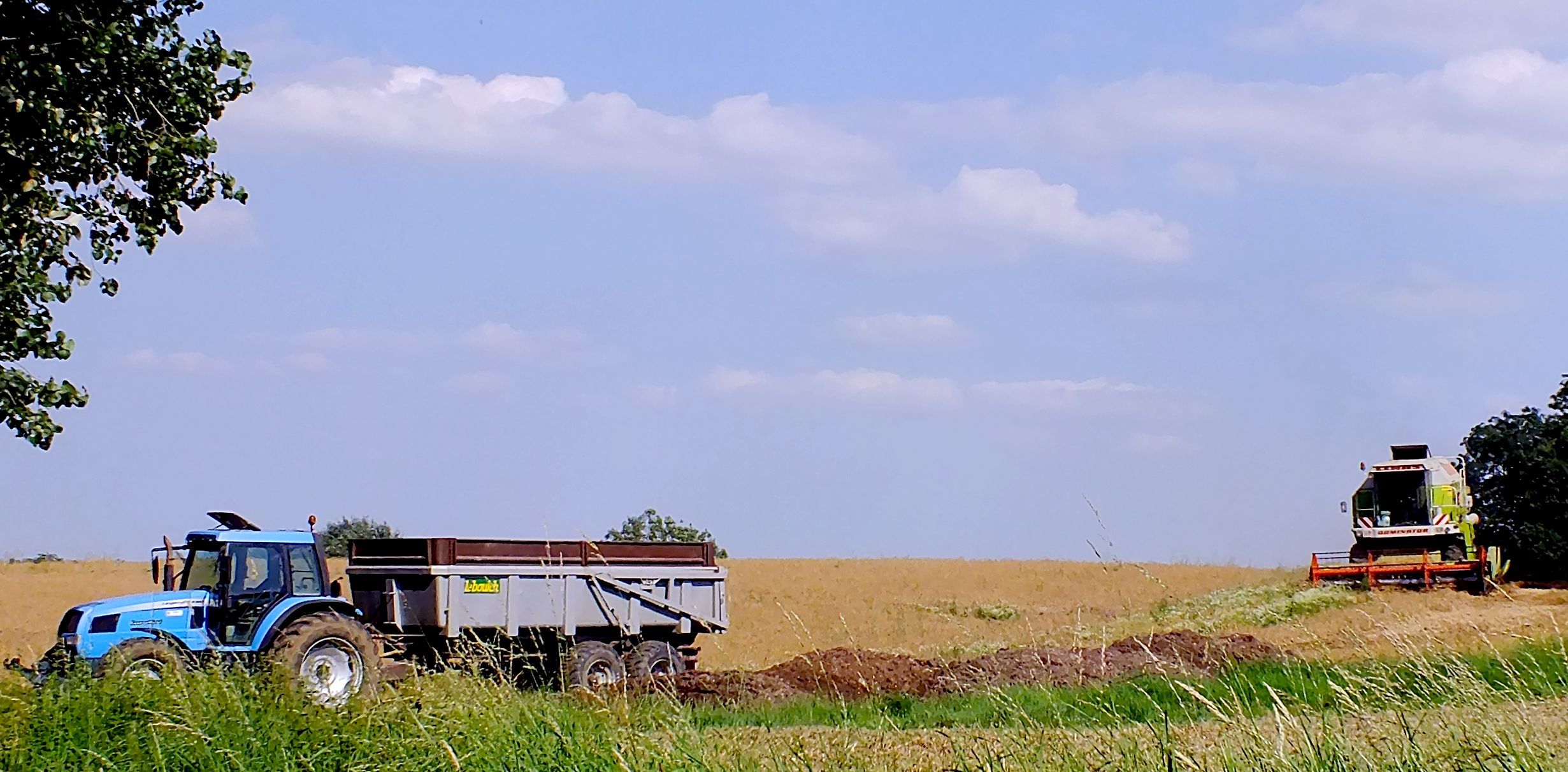 un champ, un tractezur et une moissonneuse